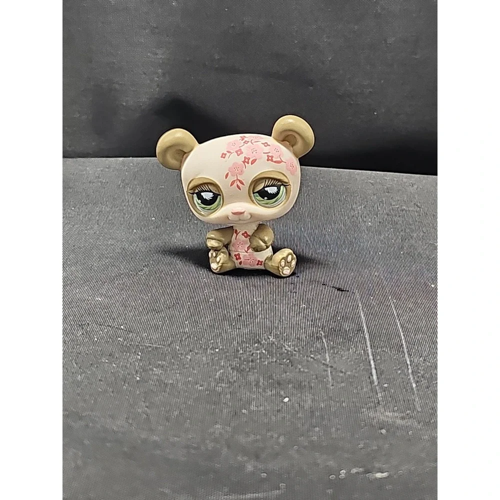 Littlest Pet Shop Bear Figure White Green Pink Floral, Rare Collectible